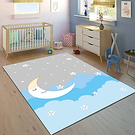 Minibabyrooms Mavi Ay ve Yıldızlar Desenli 8 mm Kalınlıkta Çocuk Odası Halısı