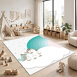 MinibabyroomsYeşin Unicorn ve Gökkuşağı Desenli Halı