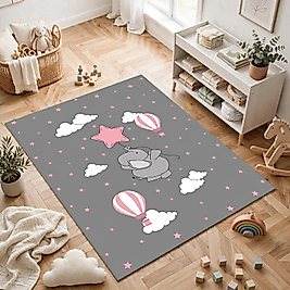 Minibabyrooms Pembe Yıldızlı Fil Desenli Halı