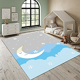 Minibabyrooms Mavi Ay ve Yıldızlar Desenli Halı