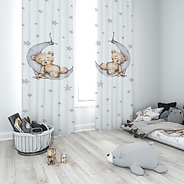 Minibabyrooms   Ayda Uyuyan Ayıcık Beyaz Zemin   Temalı Fon Perde