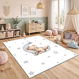 Minibabyrooms Ayda Uyuyan Ayıcık Beyaz Zemin Desenli Halı