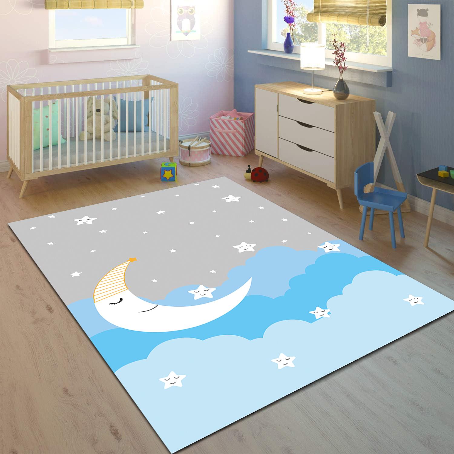 Minibabyrooms Mavi Ay ve Yıldızlar Desenli 8 mm Kalınlıkta Çocuk Odası Halısı