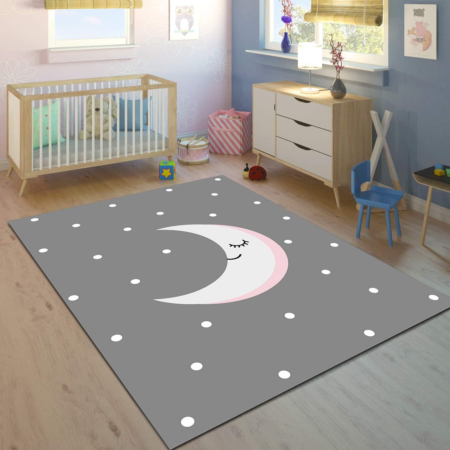 Minibabyrooms Gri Ay ve Yıldızlar Desenli 8 mm Kalınlıkta Çocuk Odası Halısı