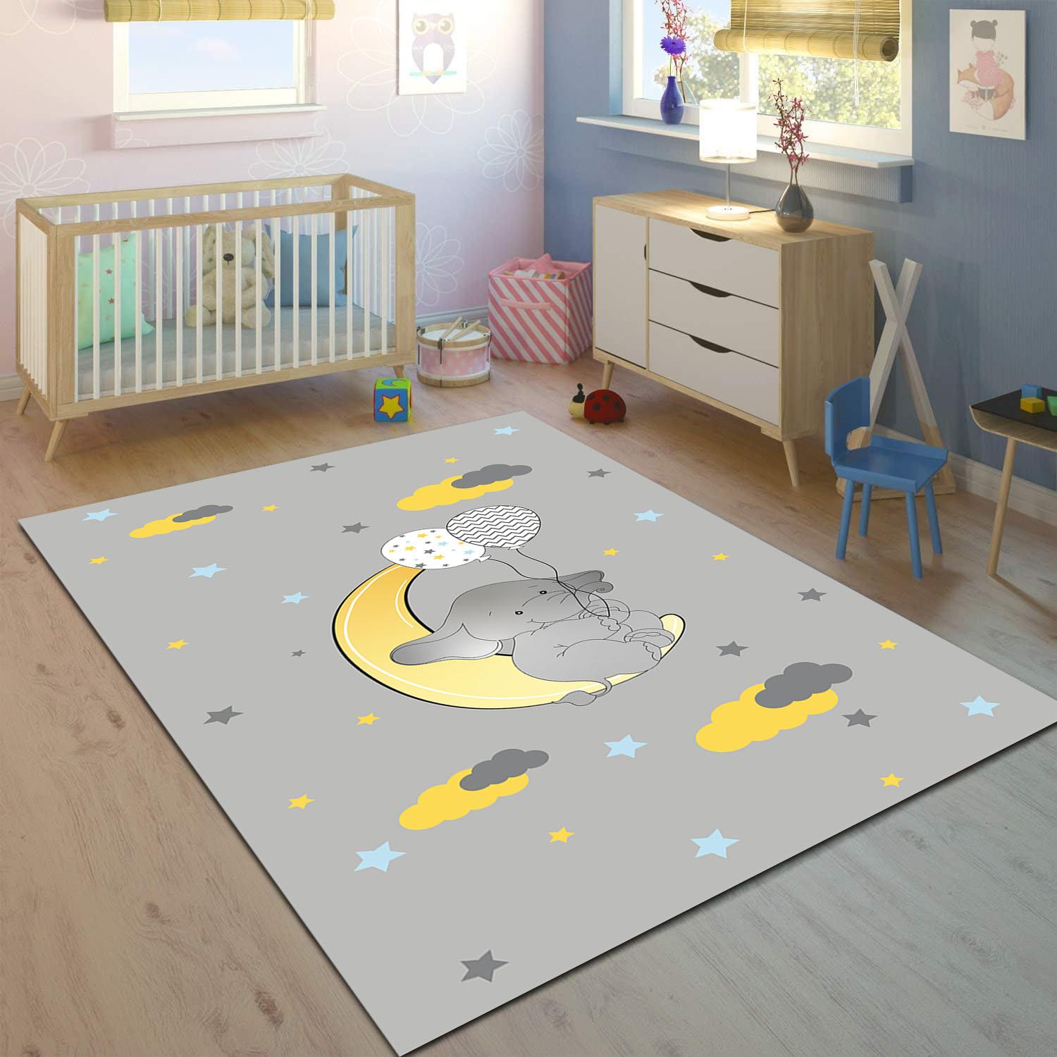 Minibabyrooms Ayda Fil ve Balonlar Desenli 8 mm Kalınlıkta Çocuk Odası Halısı