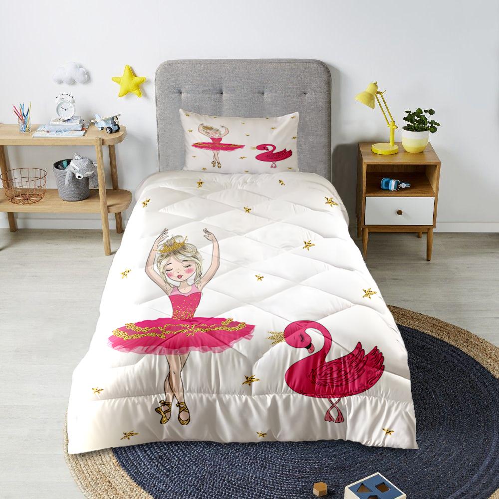 Minibabyrooms  Pembe Balerin Kız ve Kuğu Desenli Kapitone Yorgan