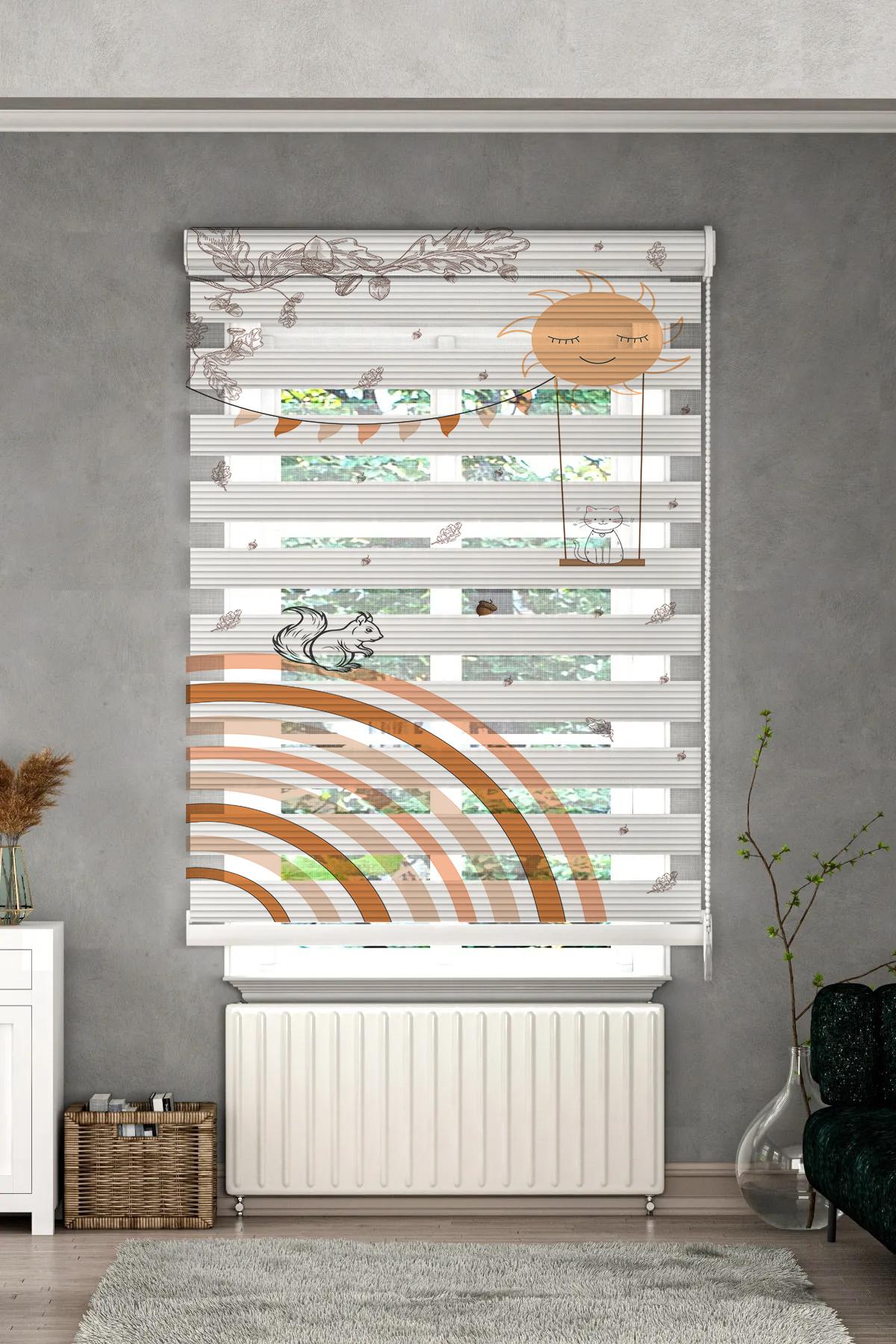 Minibabyrooms  Tavşan ve Salıncakta Kedi Desenli Zebra Perde