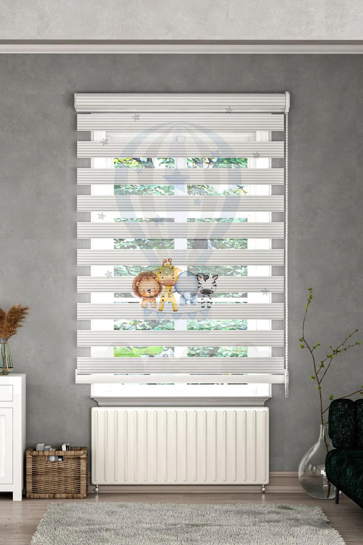 Minibabyrooms  Uçan Balon ve Hayvanlar Desenli Zebra Perde