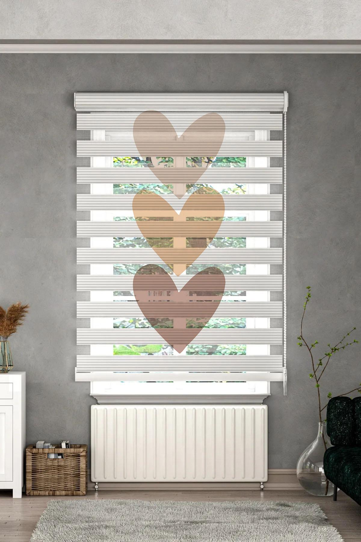 Minibabyrooms  Kahverenkli Kalplar Desenli Zebra Perde