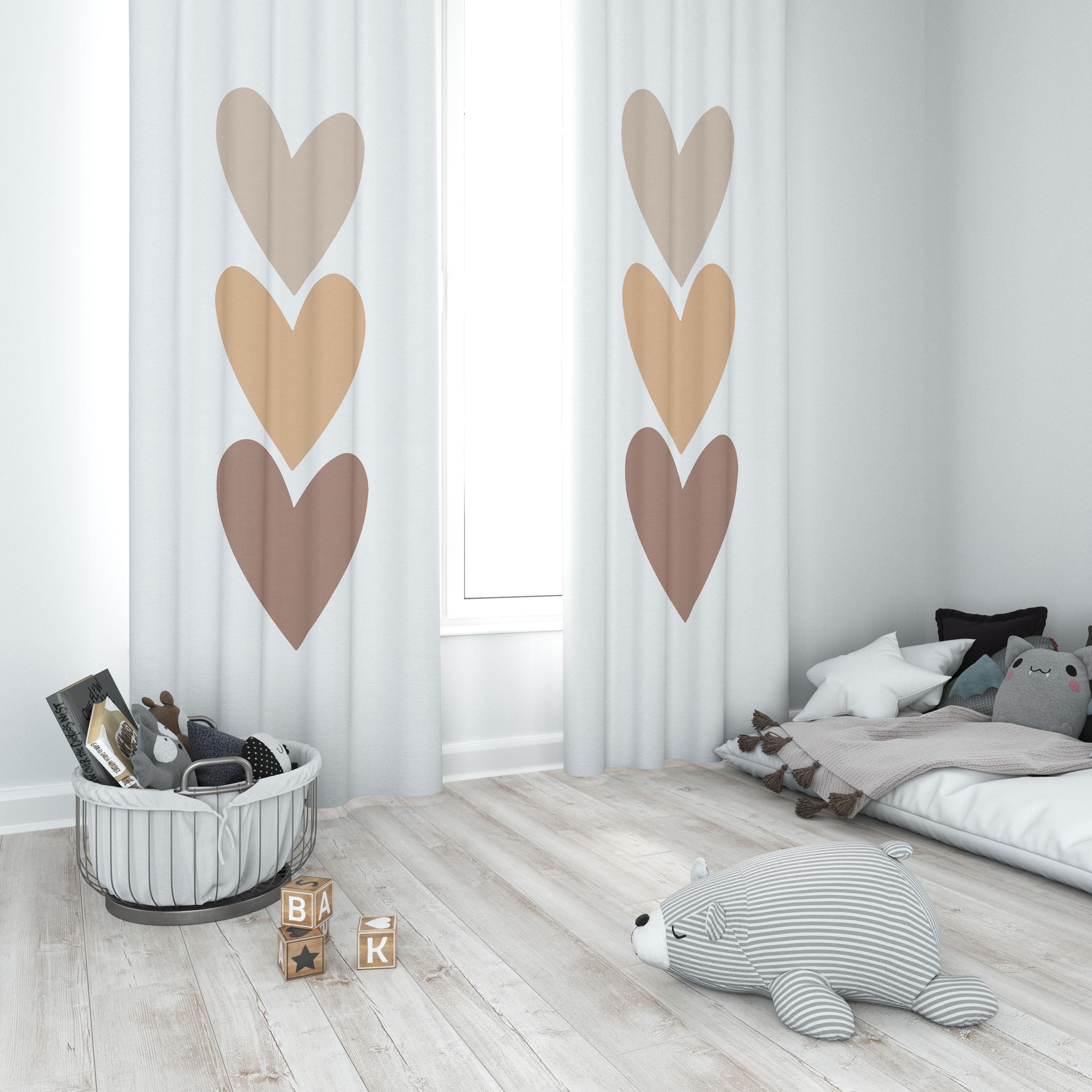 Minibabyrooms Kahverenkli Kalplar Temalı Fon Perde