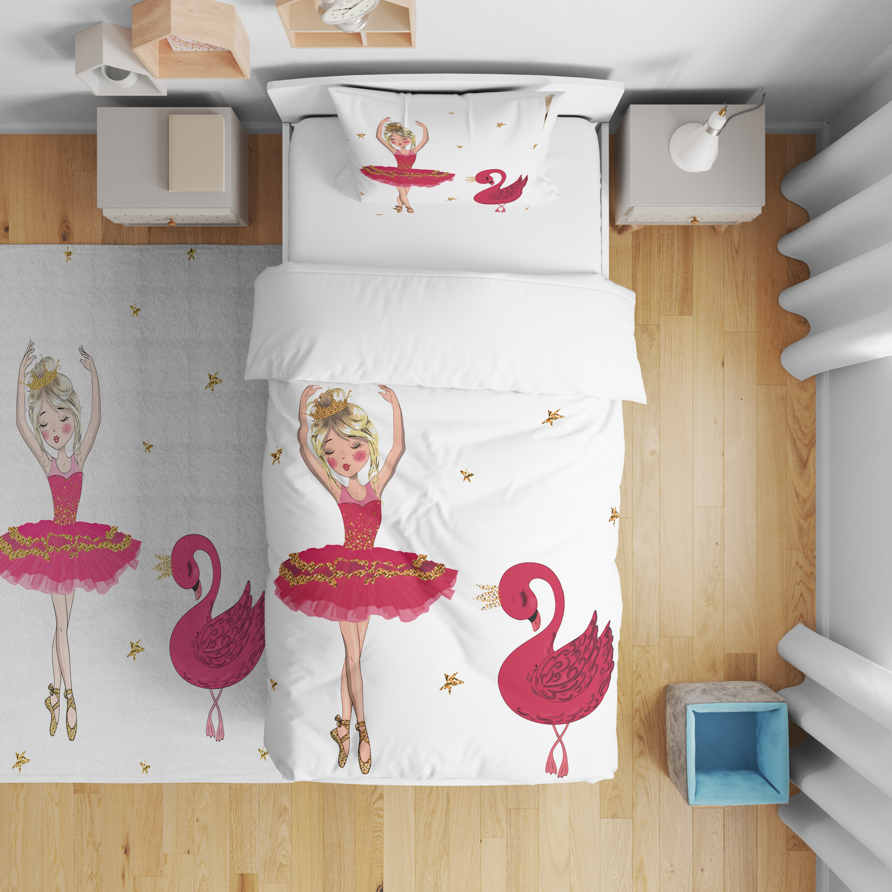 Minibabyrooms Pembe Balerin Kız ve Kuğu Desenli Nevresim Takımı