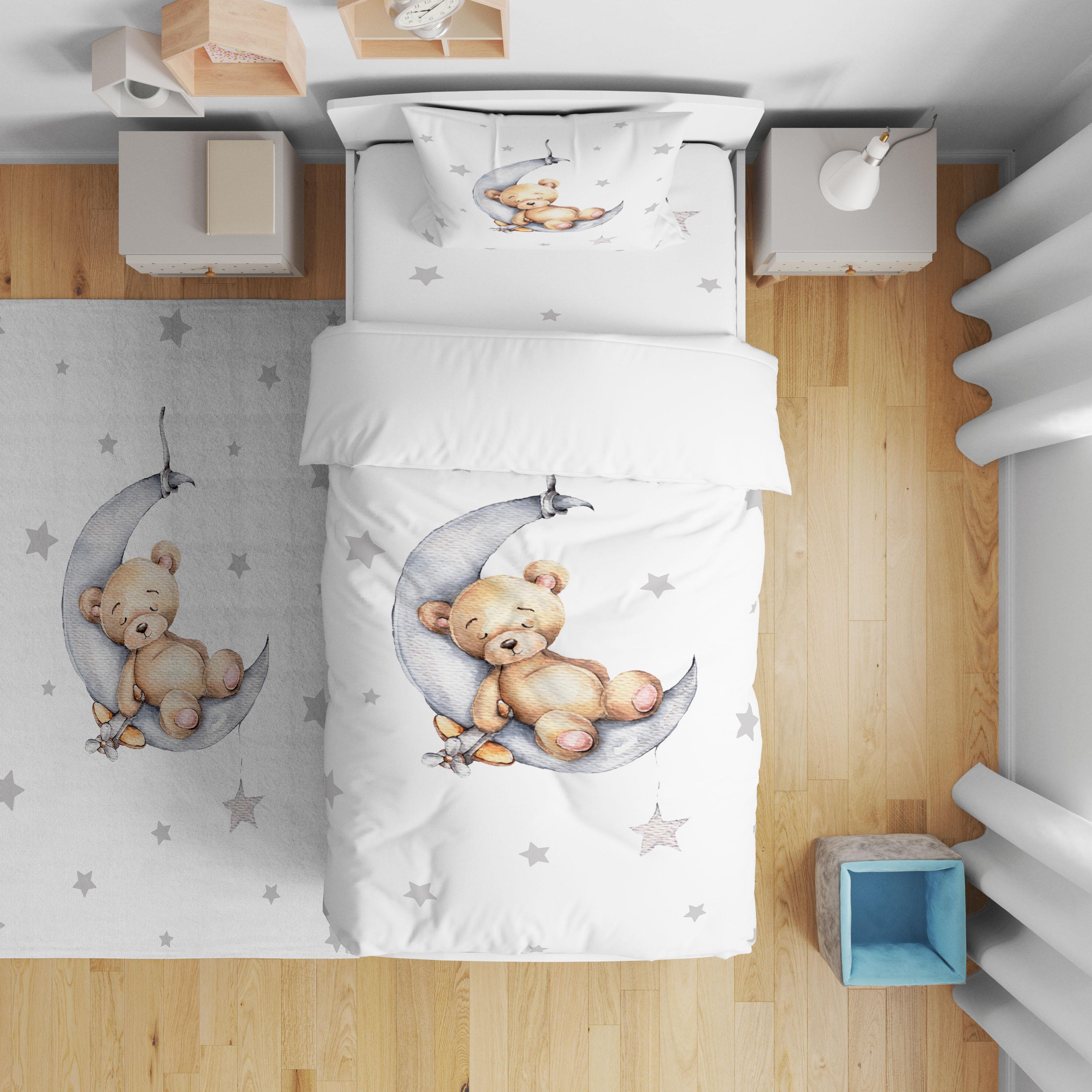 Minibabyrooms   Ayda Uyuyan Ayıcık Beyaz Zemin Desenli Nevresim Takımı